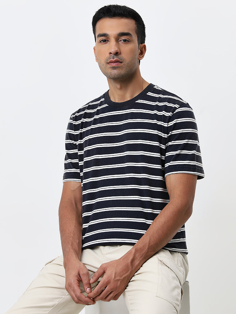 WES Casuals Navy Striped Relaxed-Fit Cotton T-Shirt