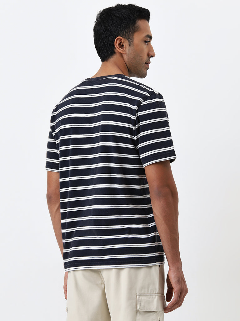 WES Casuals Navy Striped Relaxed-Fit Cotton T-Shirt