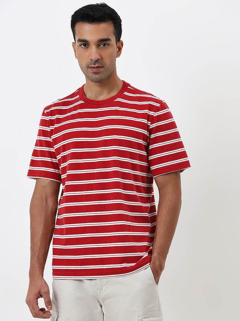 WES Casuals Red Stripe Pattern Relaxed-Fit Cotton T-Shirt