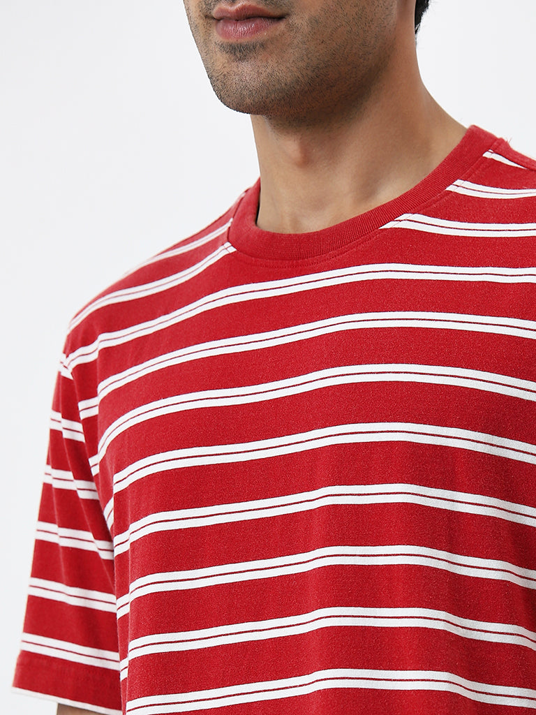 WES Casuals Red Stripe Pattern Relaxed-Fit Cotton T-Shirt