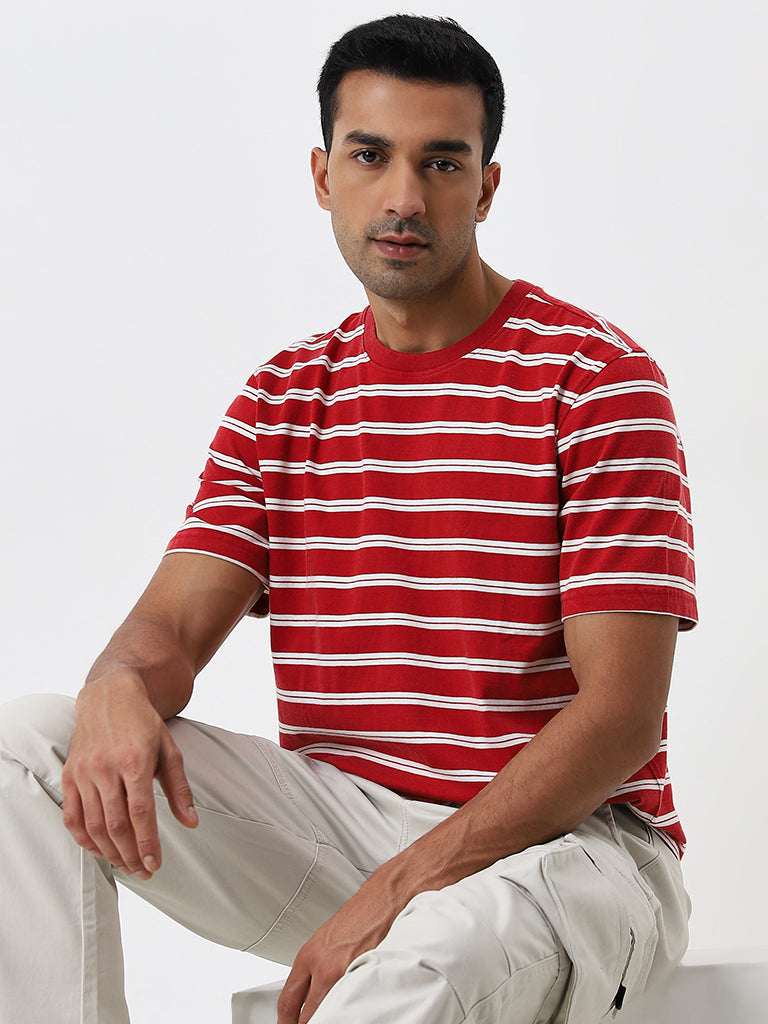 WES Casuals Red Stripe Pattern Relaxed-Fit Cotton T-Shirt