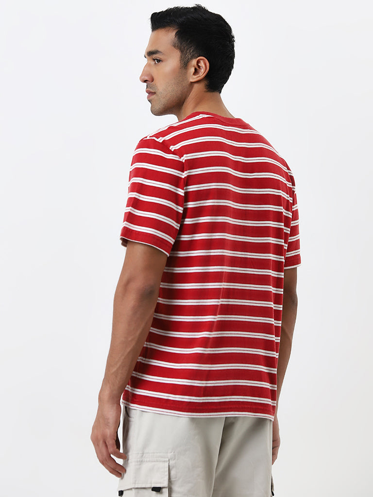 WES Casuals Red Stripe Pattern Relaxed-Fit Cotton T-Shirt