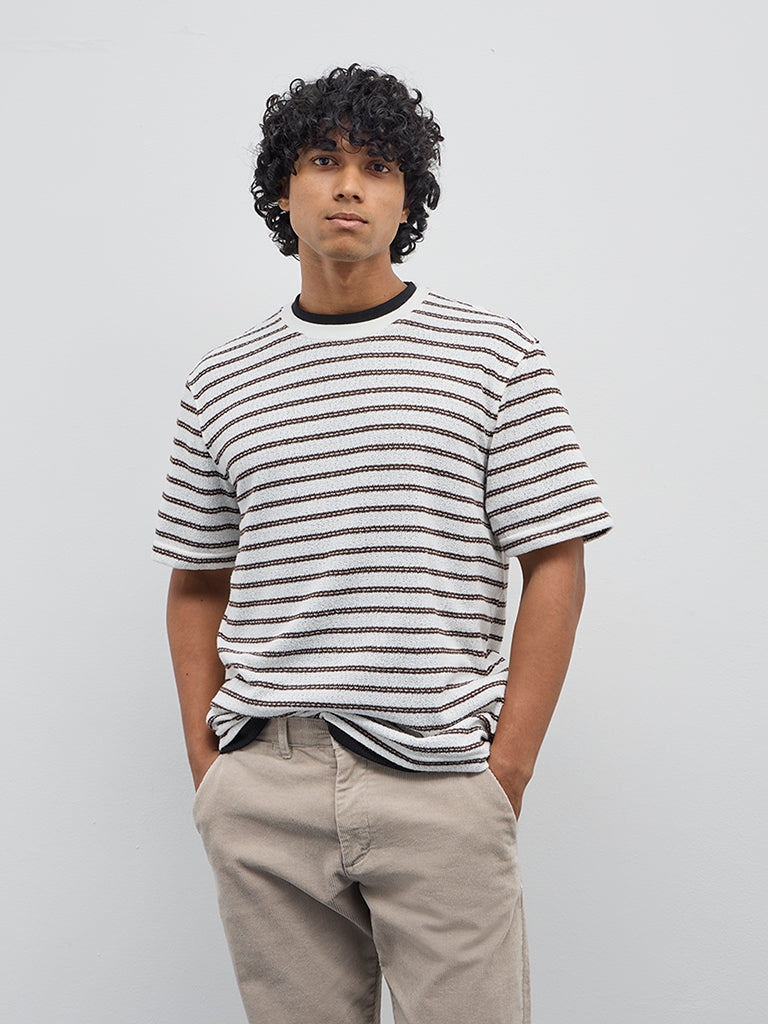 WES Casuals Off-White Striped Relaxed-Fit T-Shirt