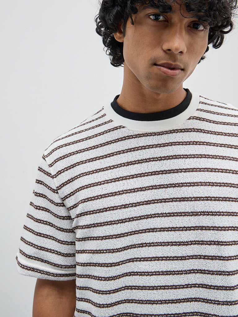 WES Casuals Off-White Striped Relaxed-Fit T-Shirt