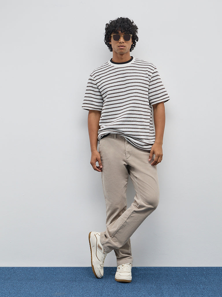 WES Casuals Off-White Striped Relaxed-Fit T-Shirt