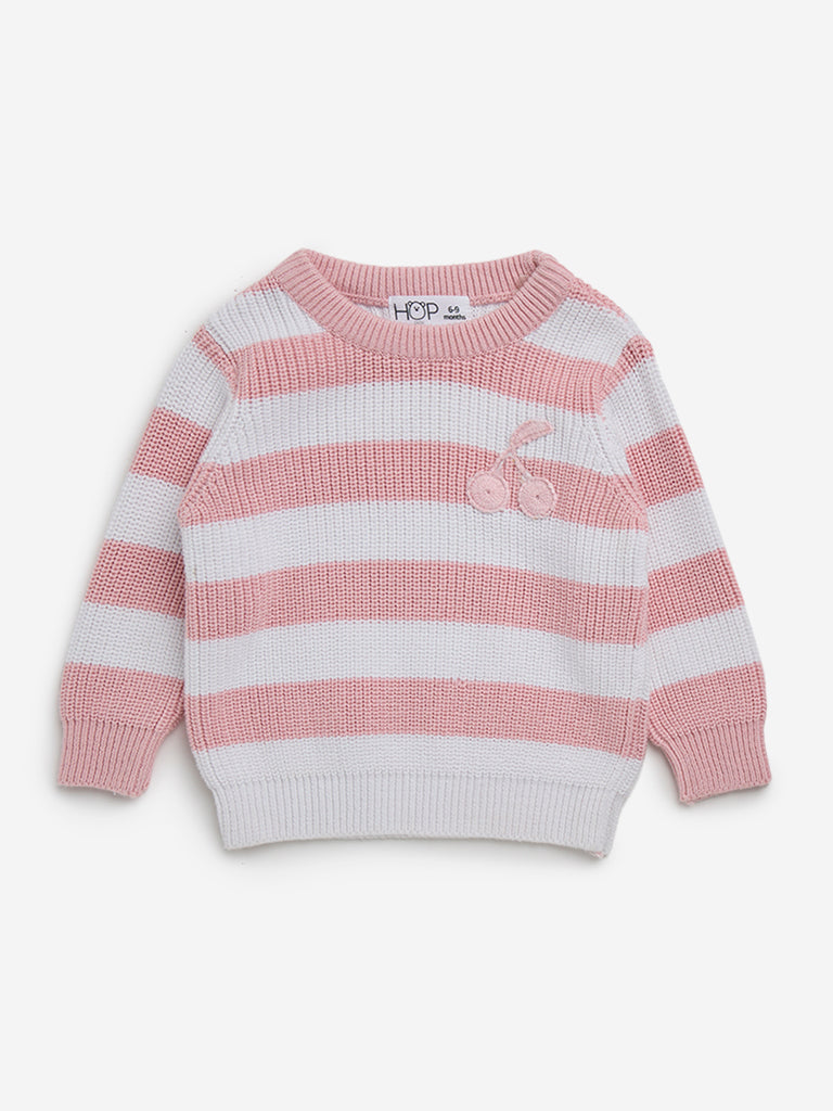 HOP Baby Pink Striped Cotton Sweater