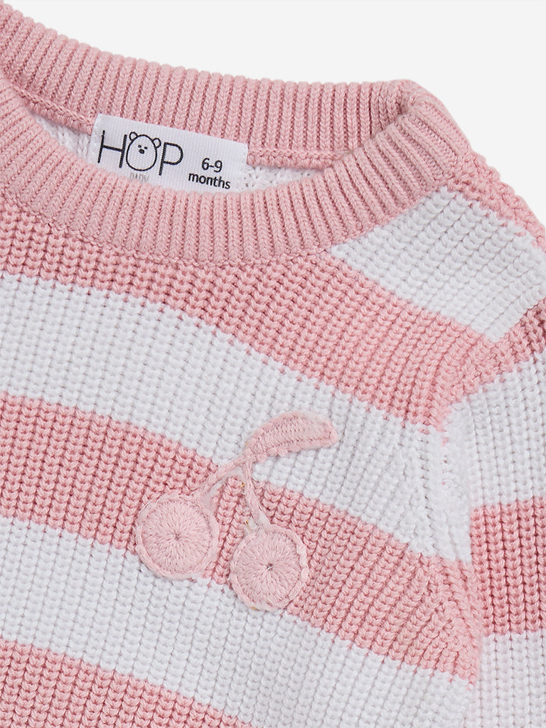 HOP Baby Pink Striped Cotton Sweater