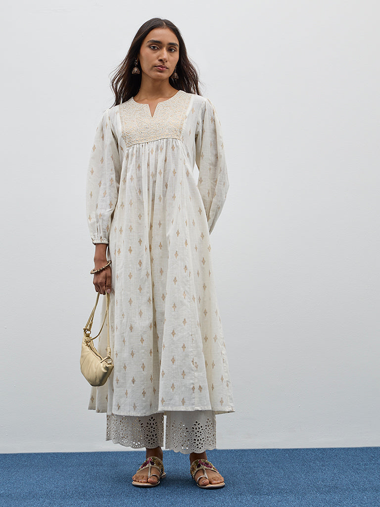 Utsa Off-White Embroidered Fit-and-Flare Cotton Kurta