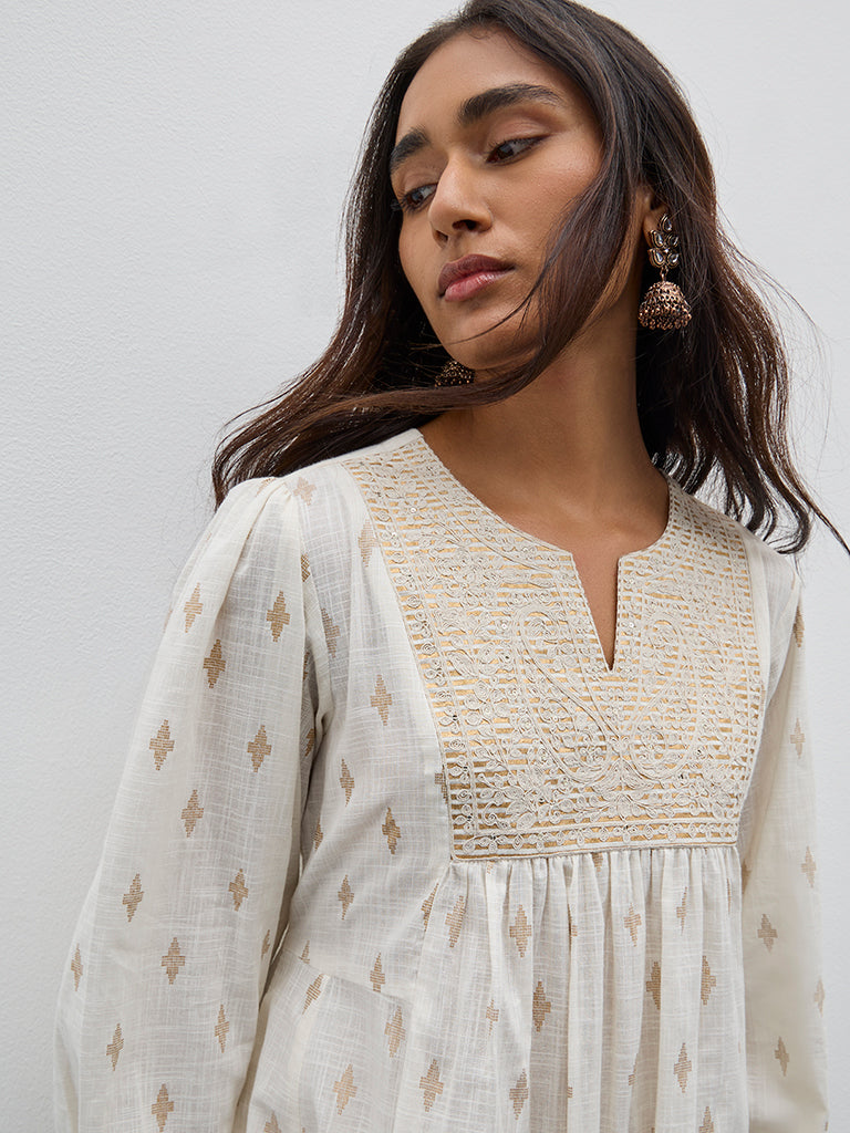 Utsa Off-White Embroidered Fit-and-Flare Cotton Kurta