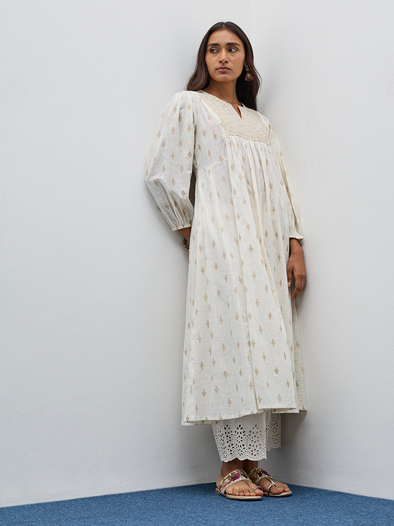 Utsa Off-White Embroidered Fit-and-Flare Cotton Kurta