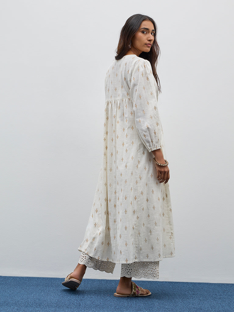 Utsa Off-White Embroidered Fit-and-Flare Cotton Kurta