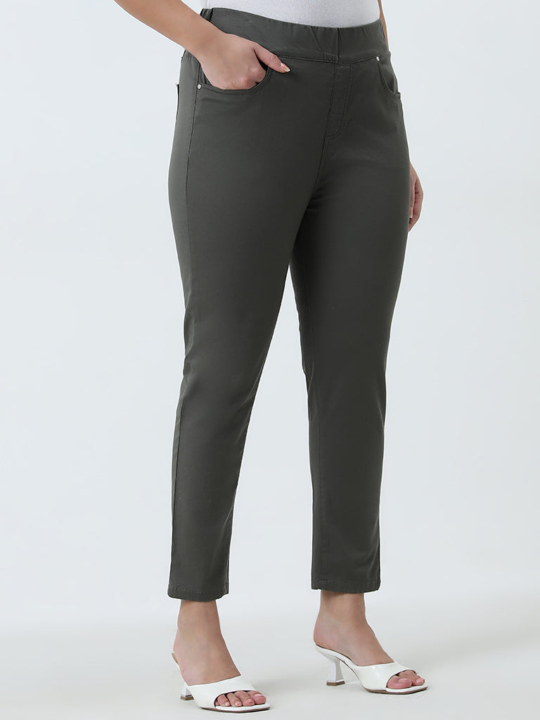 Gia Olive Solid High-Rise Cotton Blend Pants