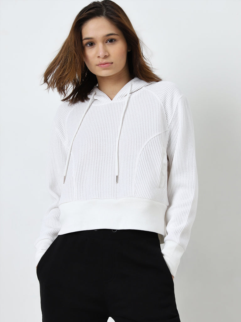 Studiofit White Ribbed-Textured Sweatshirt