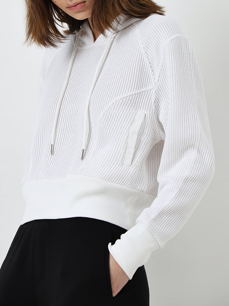 Studiofit White Ribbed-Textured Sweatshirt