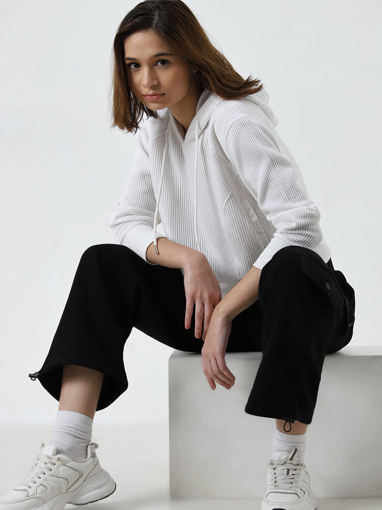 Studiofit White Ribbed-Textured Sweatshirt