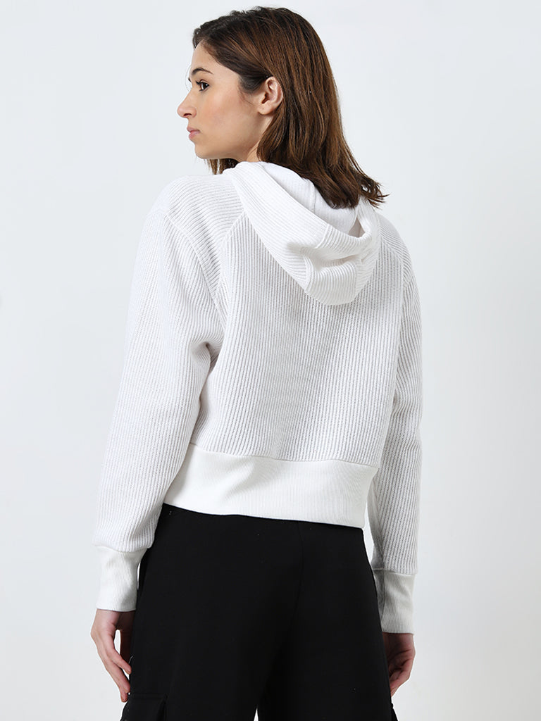 Studiofit White Ribbed-Textured Sweatshirt