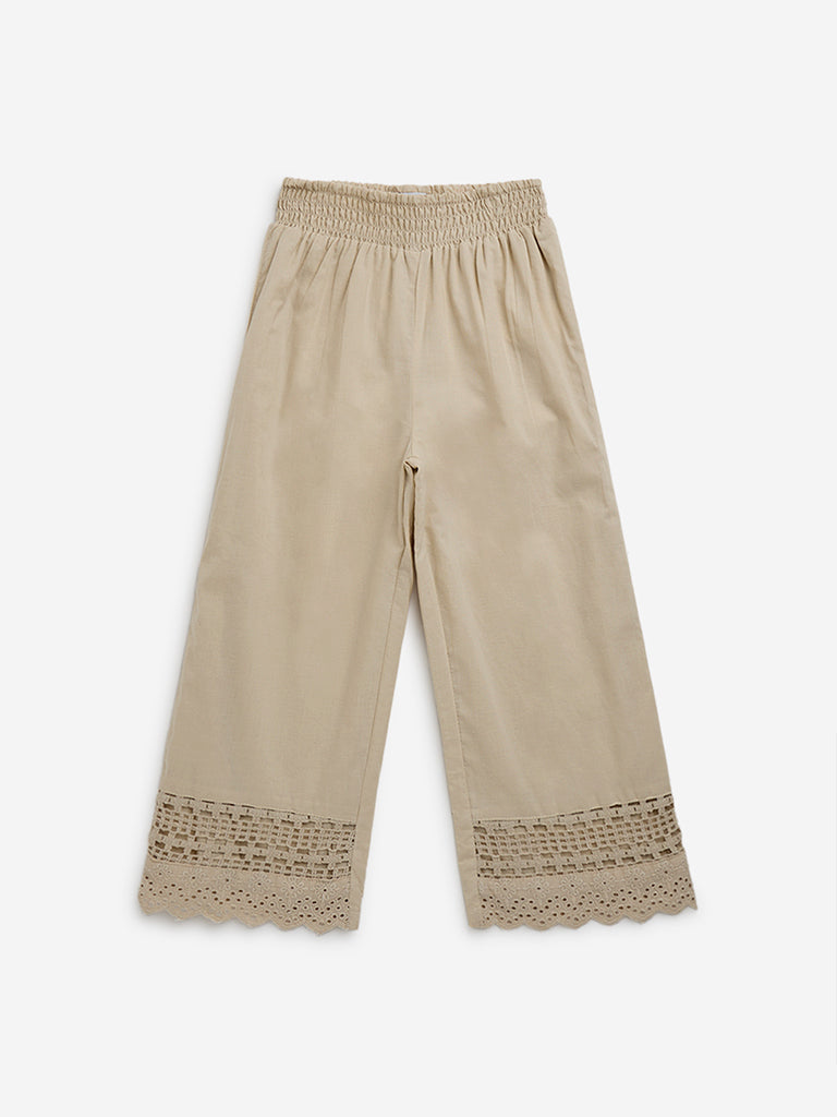 HOP Kids Beige Crochet-Detailed High-Rise Cotton Pants