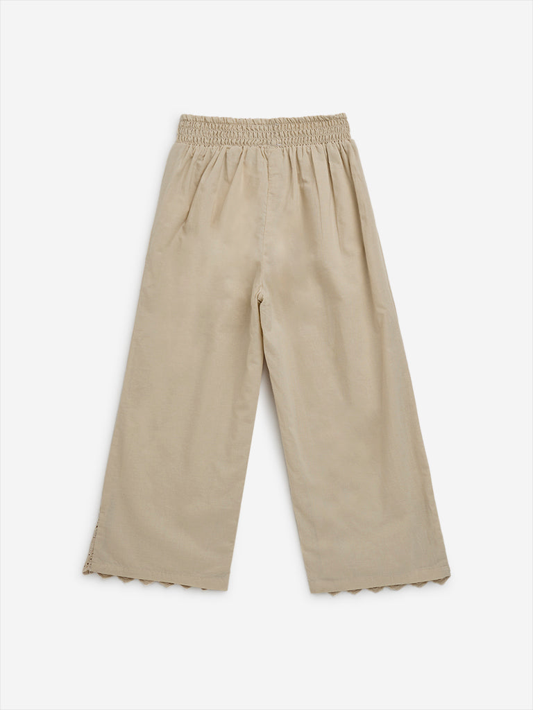 HOP Kids Beige Crochet-Detailed High-Rise Cotton Pants