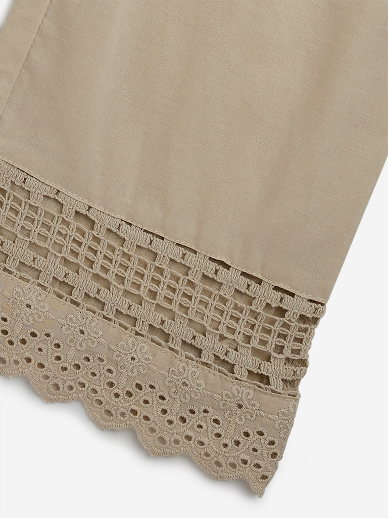 HOP Kids Beige Crochet-Detailed High-Rise Cotton Pants