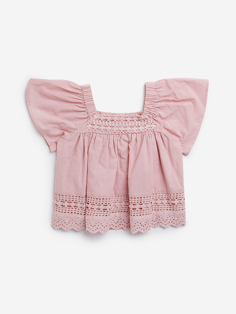 HOP Kids Dusty Pink Crochet-Detailed Cotton Top