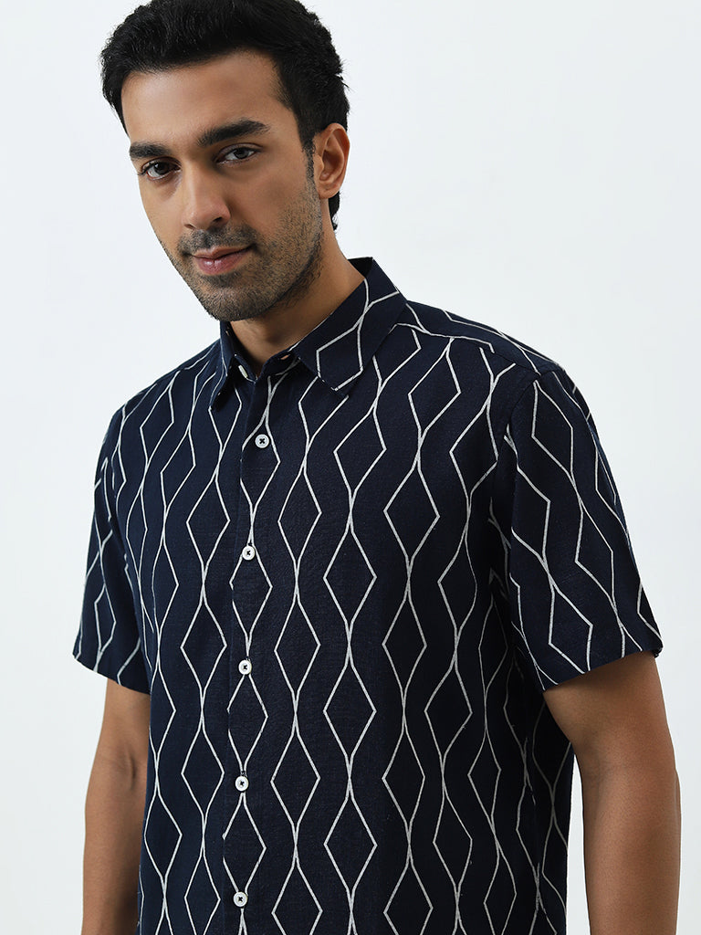 Ascot Navy Geometric Printed Relaxed-Fit Shirt