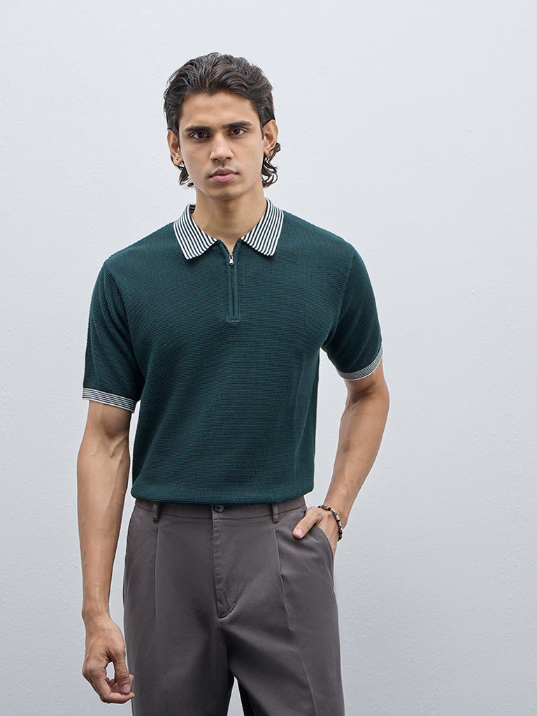 Ascot Green Textured Relaxed-Fit Cotton T-Shirt