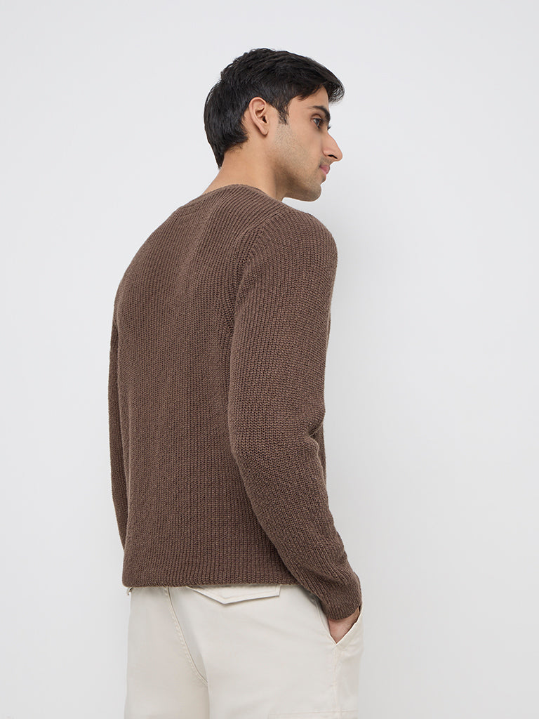 WES Casuals Dark Brown Knitted Relaxed-Fit Cotton Sweater