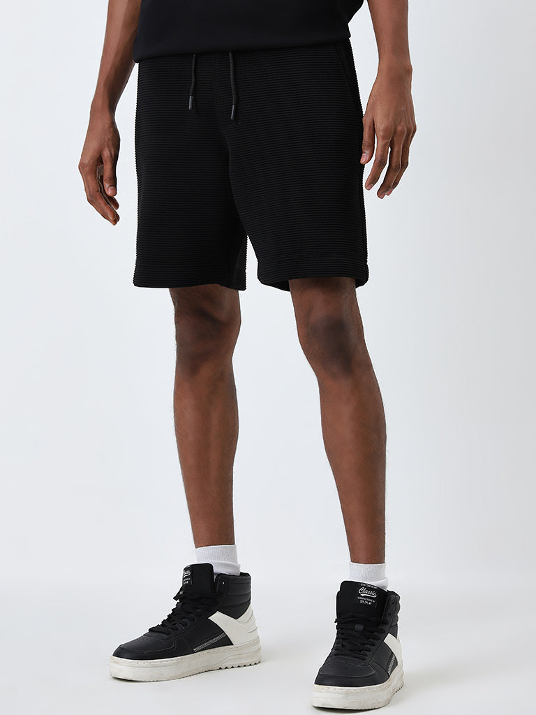 Studiofit Black Ribbed Relaxed Fit Mid Rise Shorts