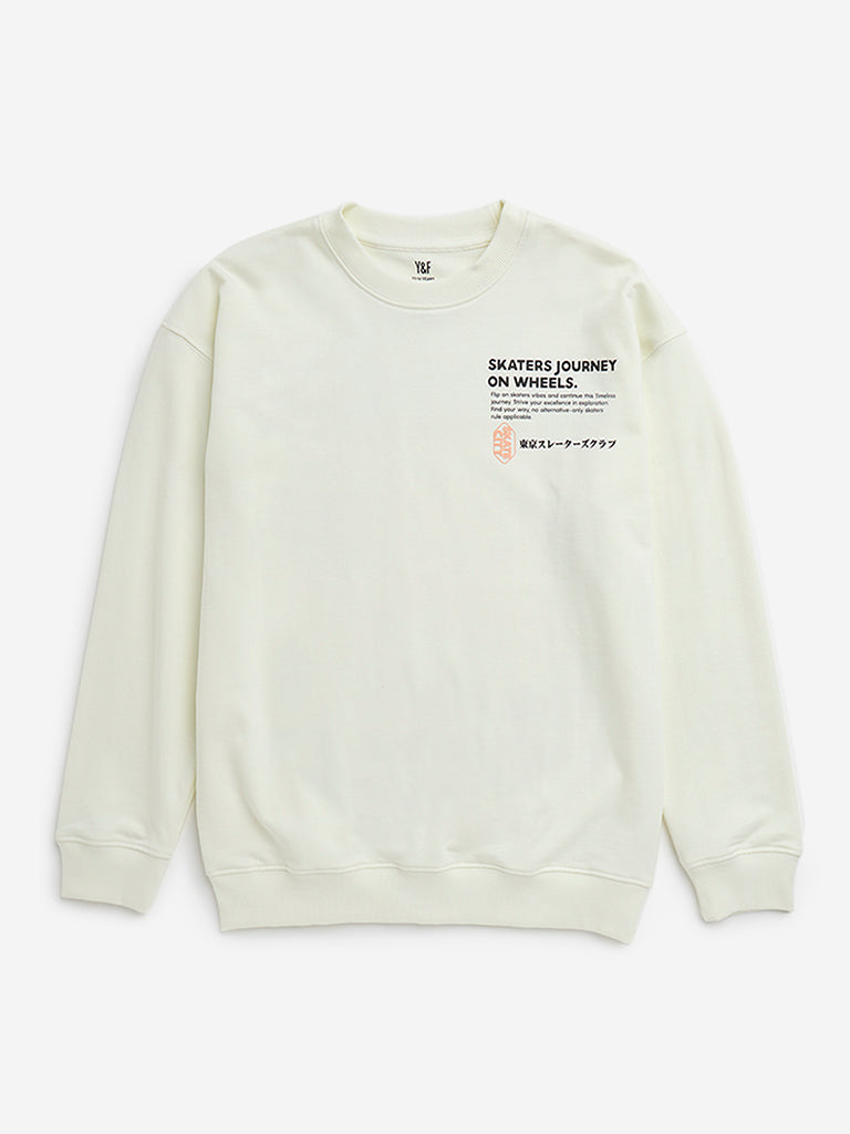 Y&F Kids Off-White Text Printed Cotton Blend Sweatshirt