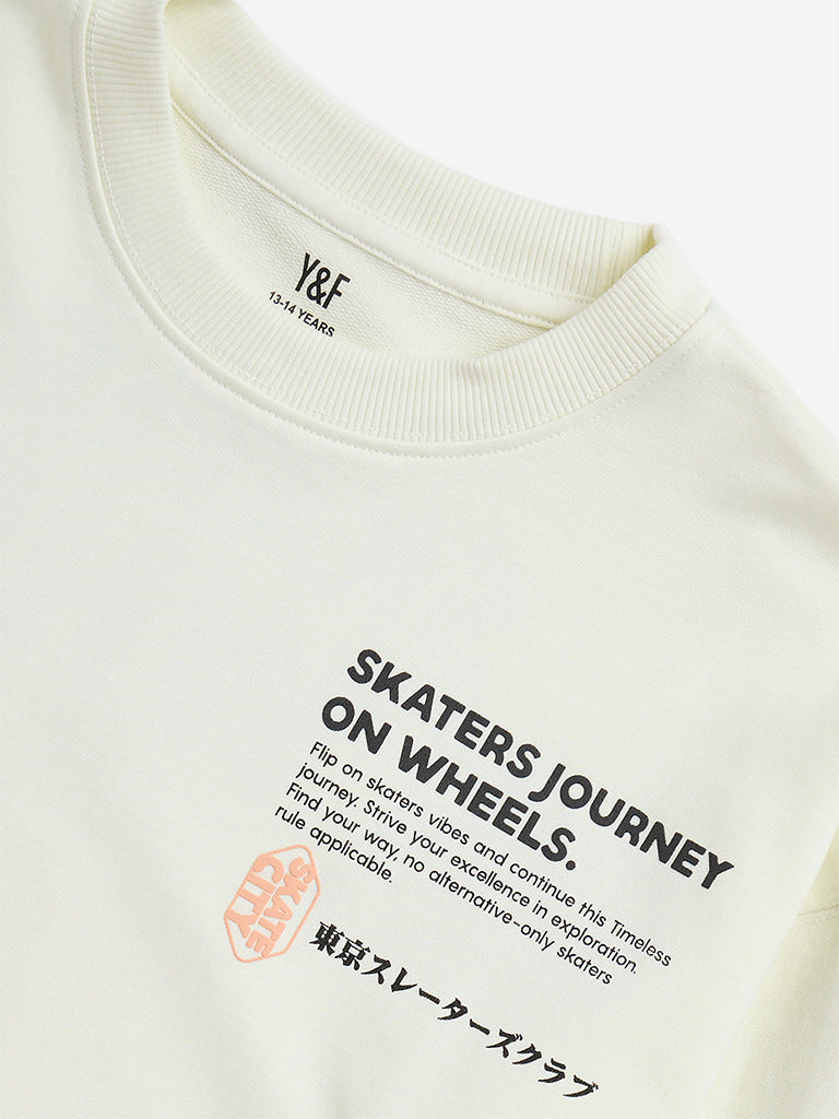 Y&F Kids Off-White Text Printed Cotton Blend Sweatshirt