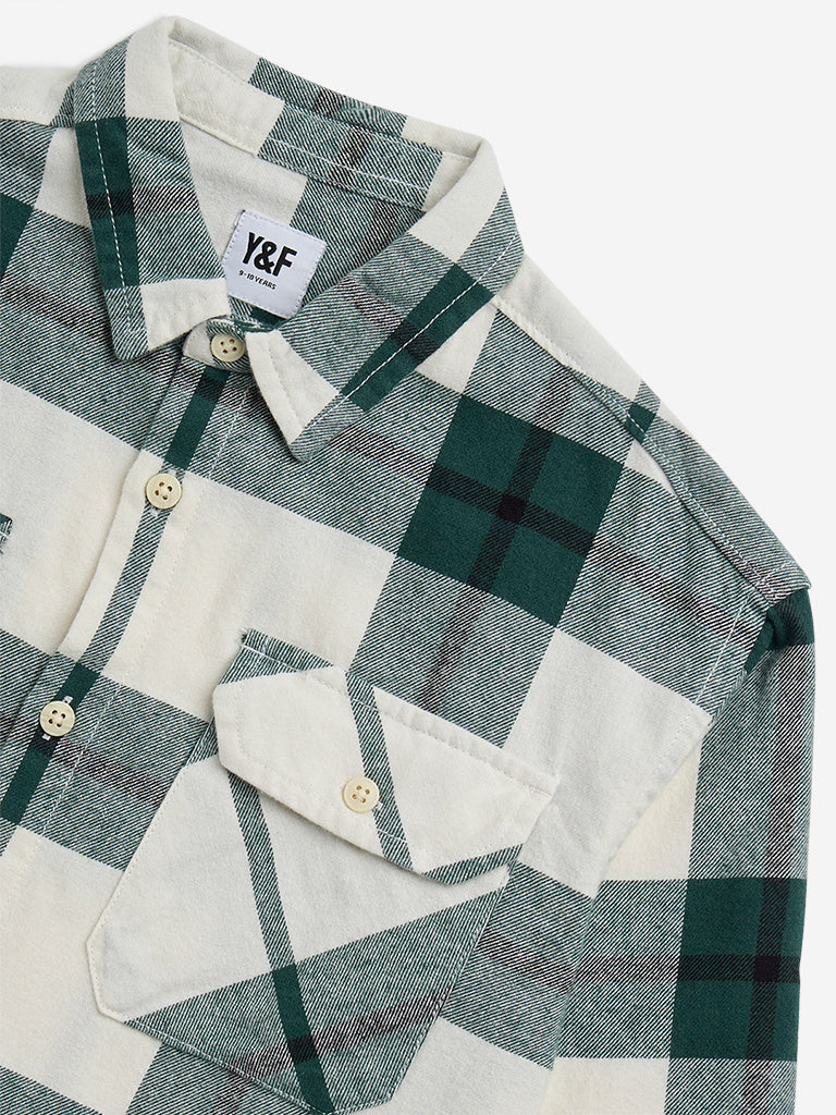 Y&F Kids Green Checks Printed Cotton Shirt