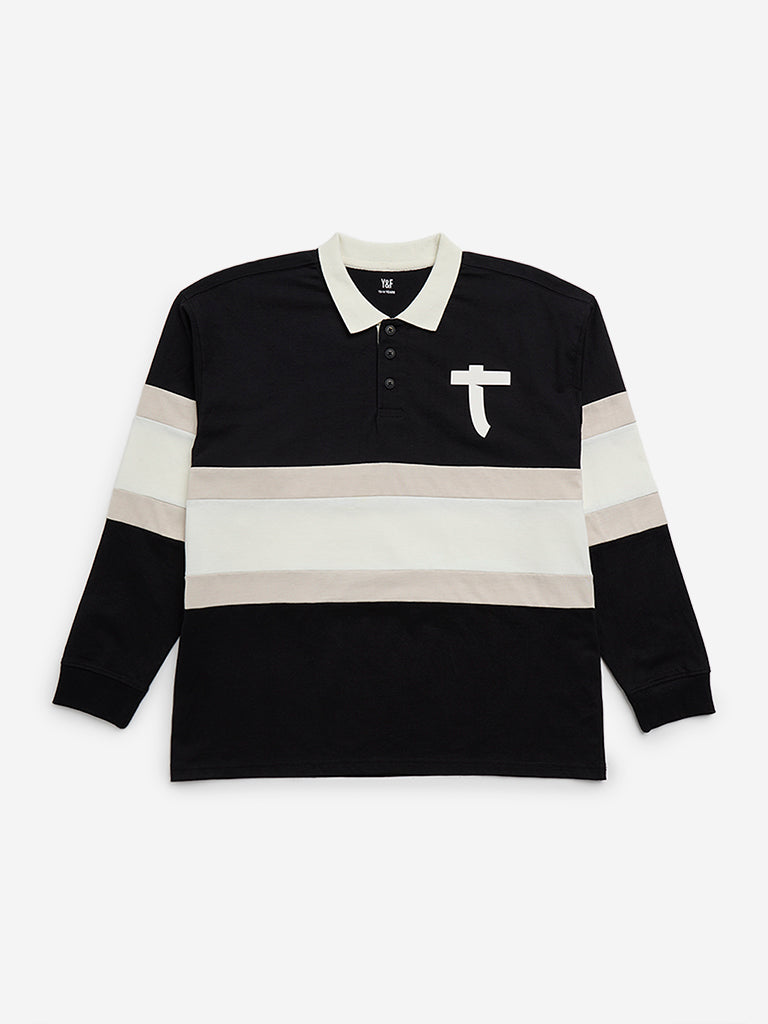 Y&F Kids Black Colour-Blocked Collared T-Shirt