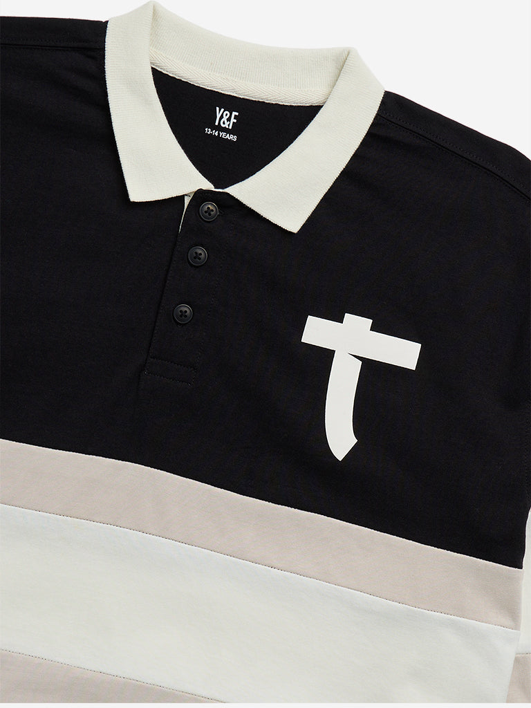 Y&F Kids Black Colour-Blocked Collared T-Shirt