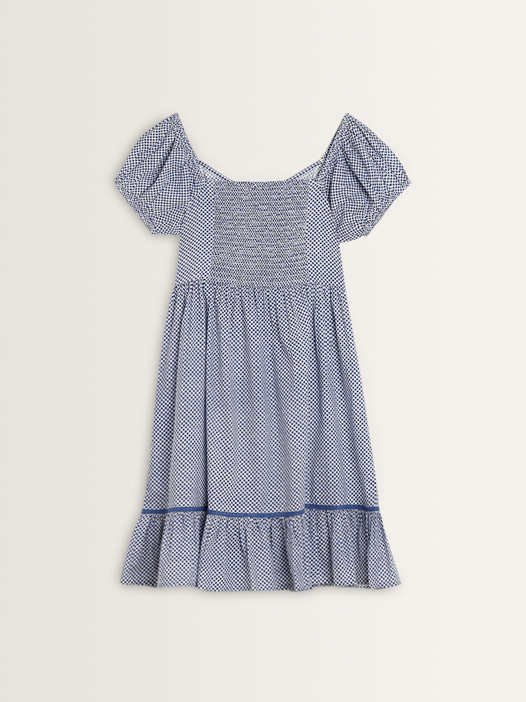 Bombay Paisley Blue Checks Printed A-Line Cotton Dress