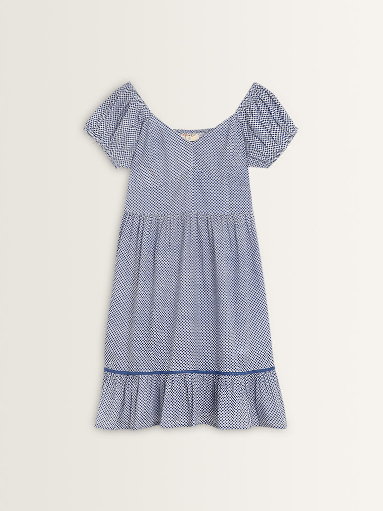 Bombay Paisley Blue Checks Printed A-Line Cotton Dress