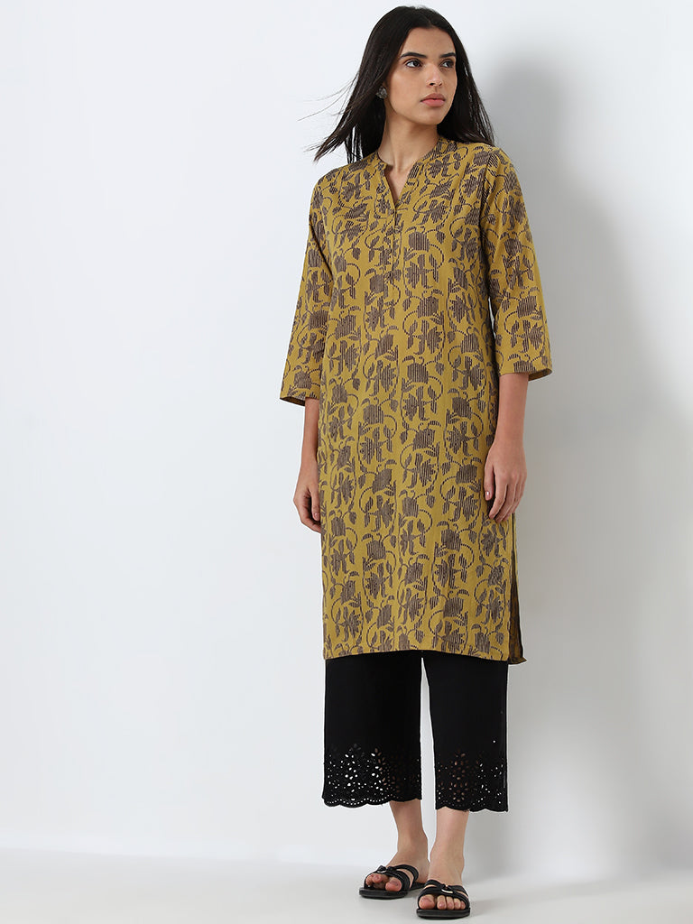 Utsa Mustard Floral Design Straight Cotton Kurta