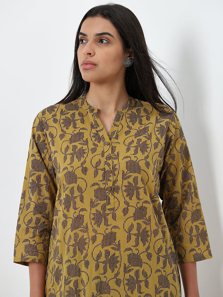 Utsa Mustard Floral Design Straight Cotton Kurta