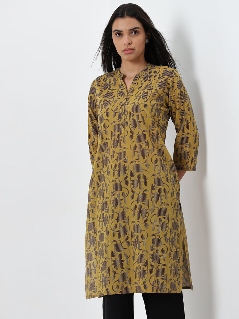 Utsa Mustard Floral Design Straight Cotton Kurta