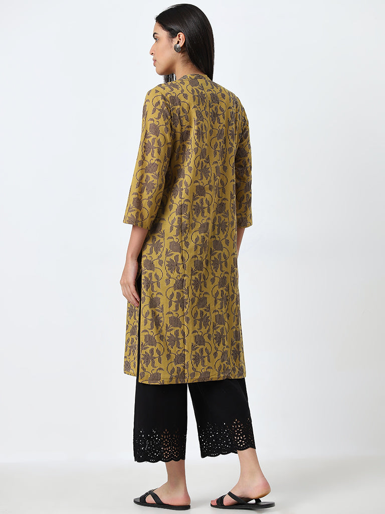 Utsa Mustard Floral Design Straight Cotton Kurta