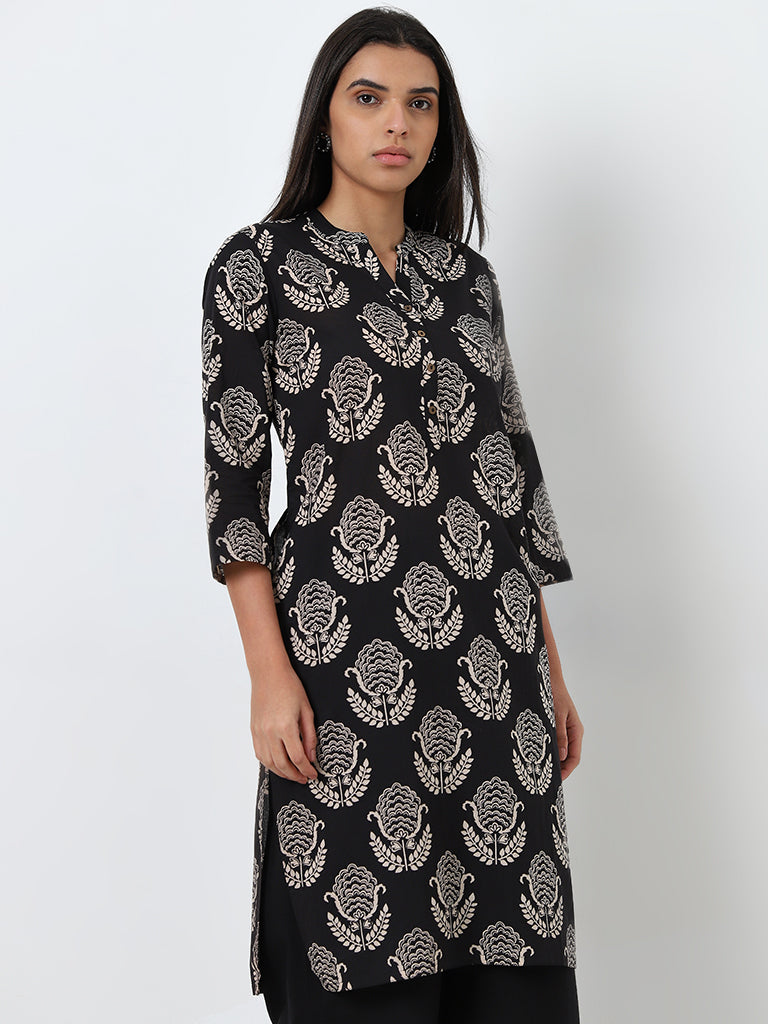 Utsa Black Butta Printed Straight Cotton Kurta