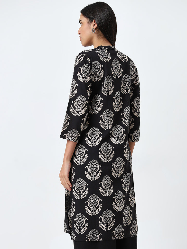 Utsa Black Butta Printed Straight Cotton Kurta