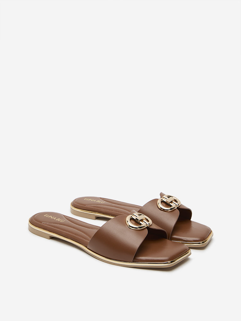 LUNA BLU Tan Metal-Detailed Slides