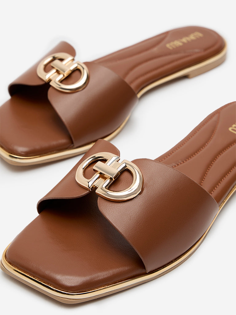 LUNA BLU Tan Metal-Detailed Slides