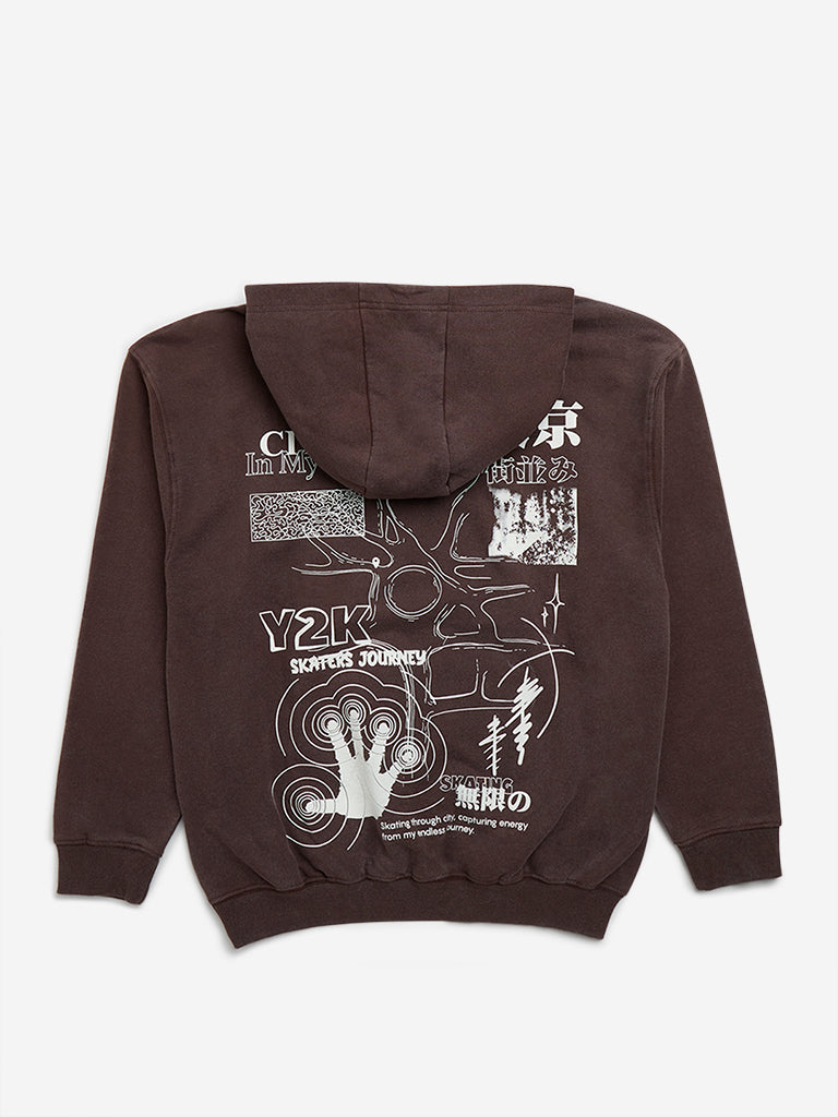 Y&F Kids Dark Brown Printed Hoodie