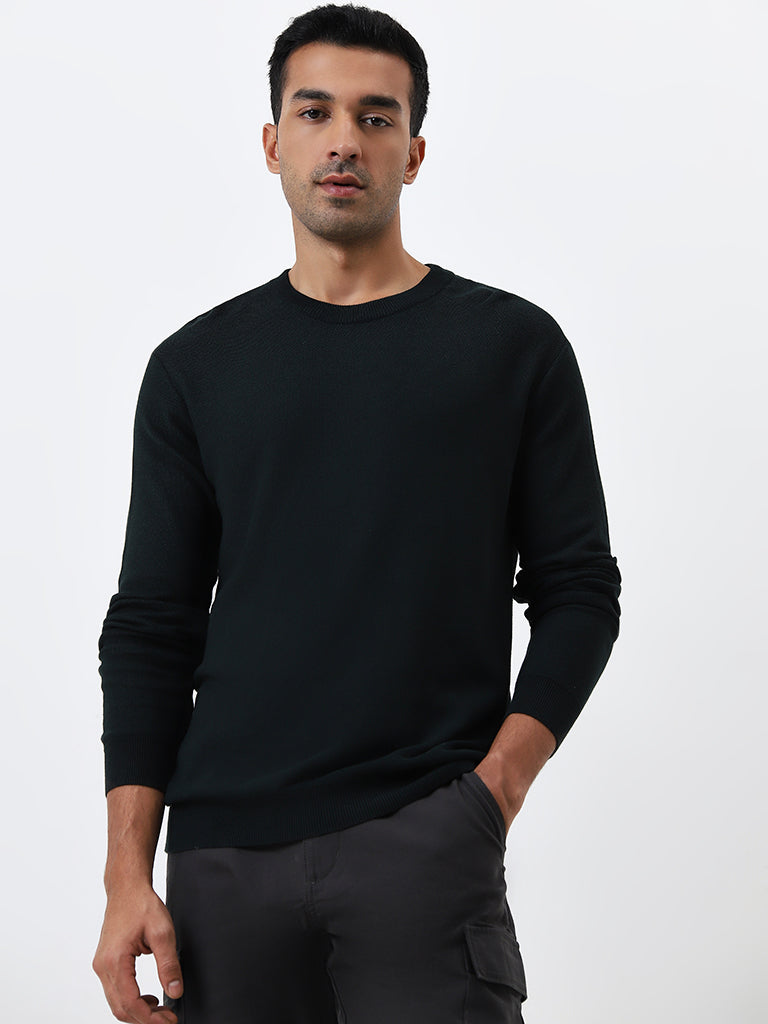 WES Formals Dark Green Knit-Textured Slim-Fit Sweater