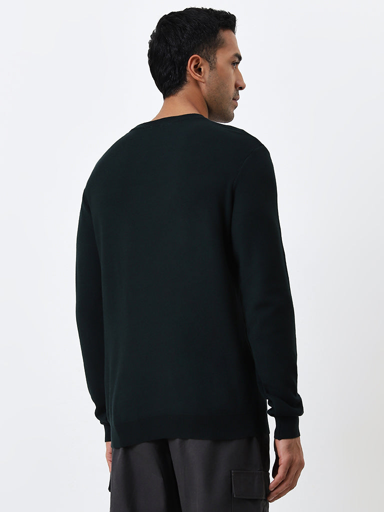 WES Formals Dark Green Knit-Textured Slim-Fit Sweater