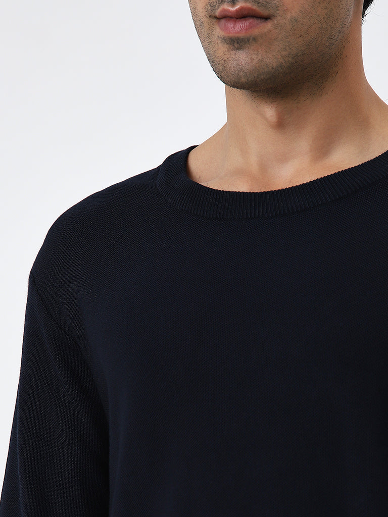 WES Formals Navy Knit-Textured Slim-Fit Sweater