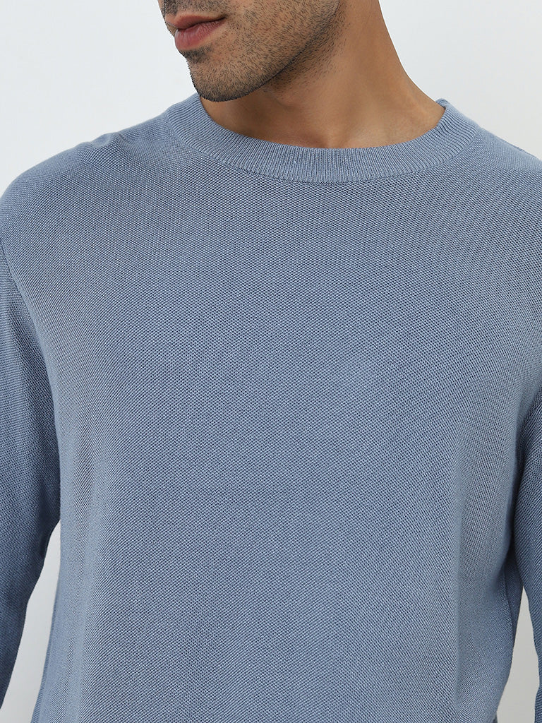 WES Formals Dusty Blue Slim-Fit Knit-Textured Sweater