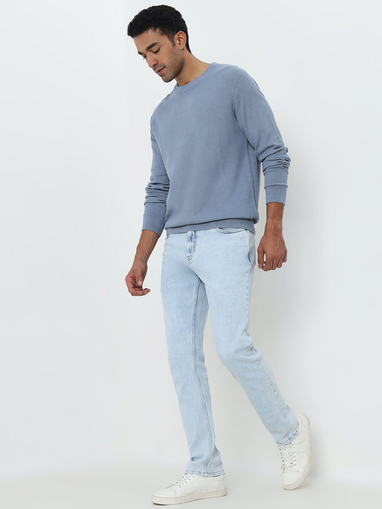 WES Formals Dusty Blue Slim-Fit Knit-Textured Sweater