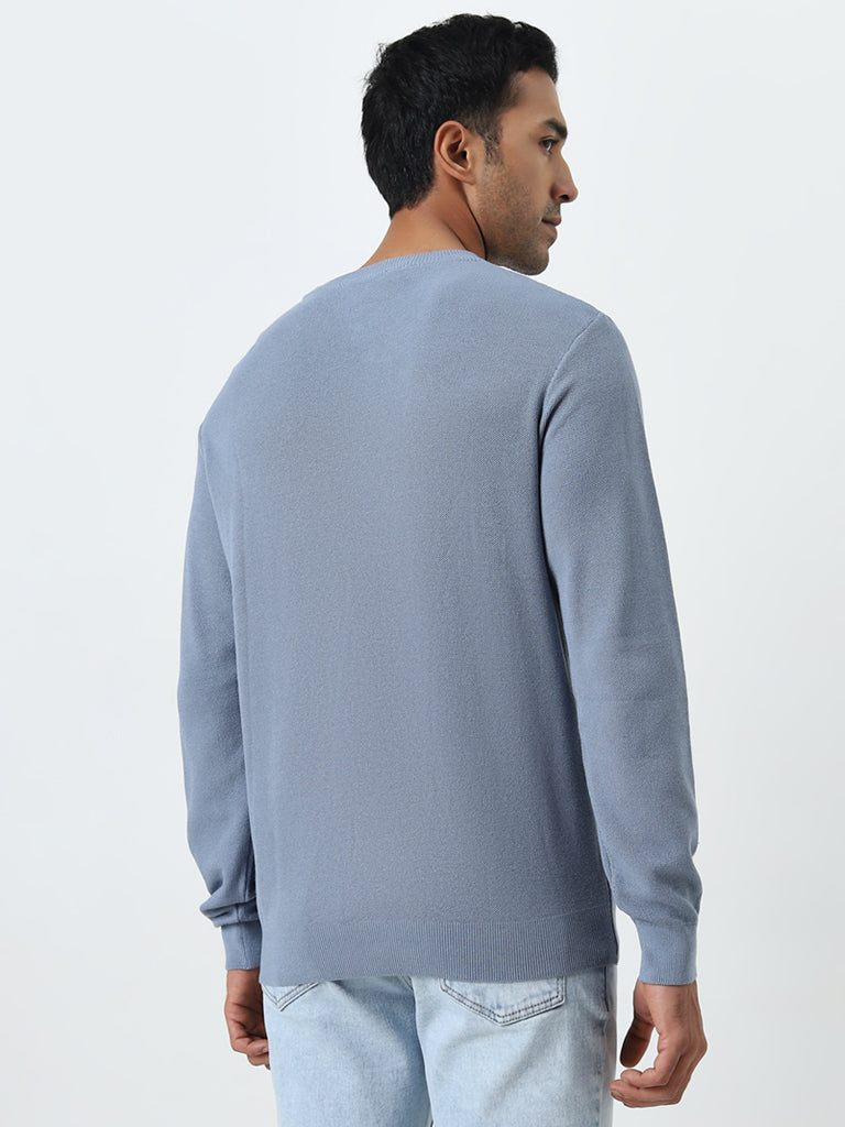 WES Formals Dusty Blue Slim-Fit Knit-Textured Sweater